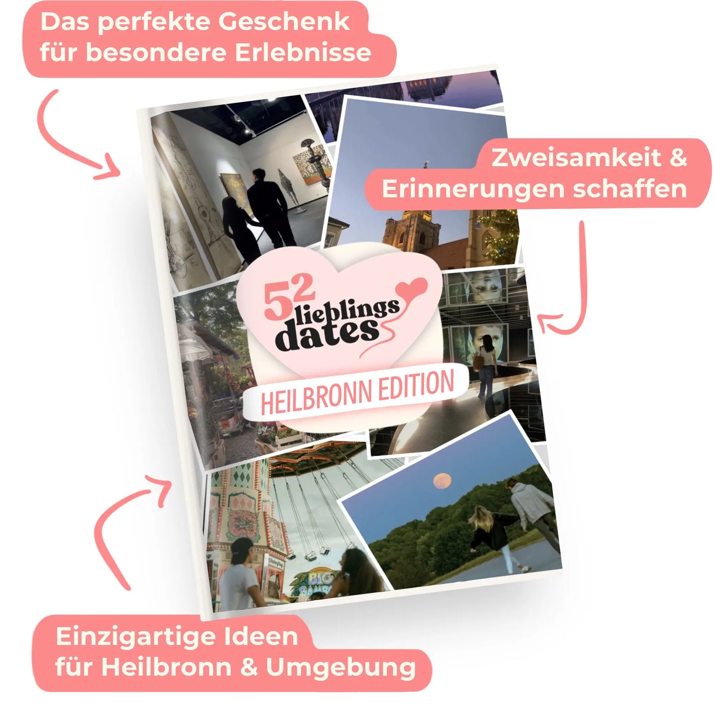 Das Buch 52 Date Ideen für Heilbronn. Ein kreatives Geschenk für Paare mit drei klaren Vorteilen: regionale Tipps, keine Planung nötig und für jedes Budget.