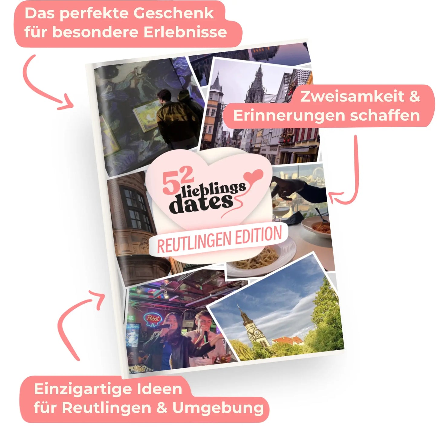 Das Buch 52 Date Ideen für Reutlingen. Ein kreatives Geschenk für Paare mit drei klaren Vorteilen: regionale Tipps, keine Planung nötig und für jedes Budget.