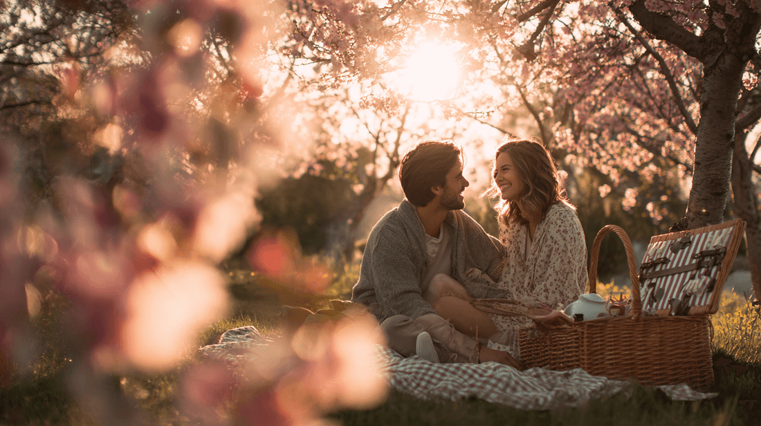 Ein glückliches Paar beim Frühlings-Picknick unter Kirschblüten – Das perfekte Symbolbild für kreative Date-Ideen im Frühling 2026.