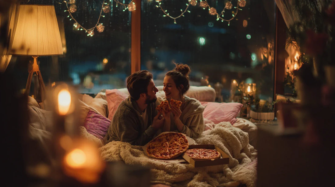 Ein Paar macht es sich bei Regenwetter mit einem romantischen Indoor-Picknick im Wohnzimmer gemütlich – Die perfekte Date-Idee für schlechtes Wetter.