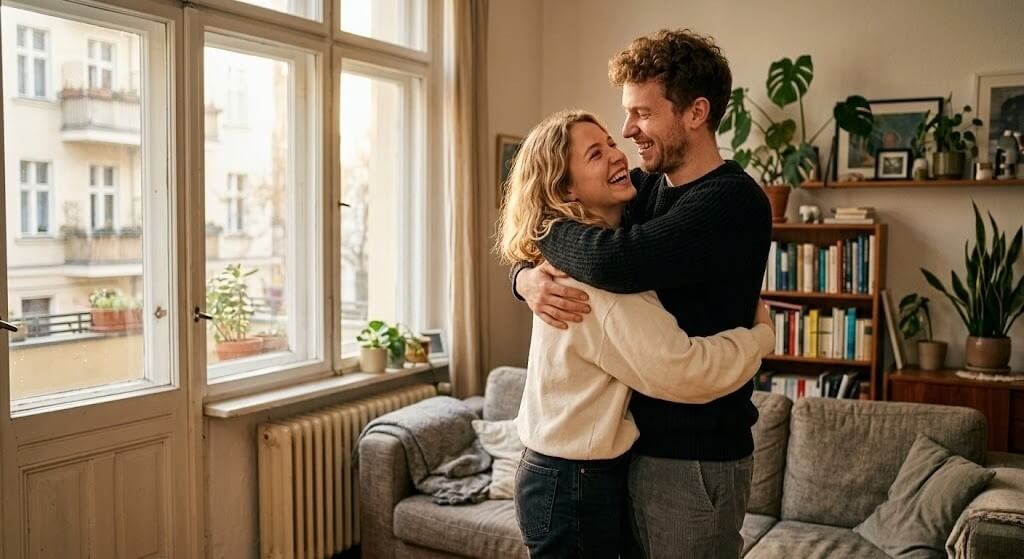 Ein glückliches deutsches Paar umarmt sich lachend in einem gemütlichen Wohnzimmer nach einer gelungenen Geschenk-Überraschung.