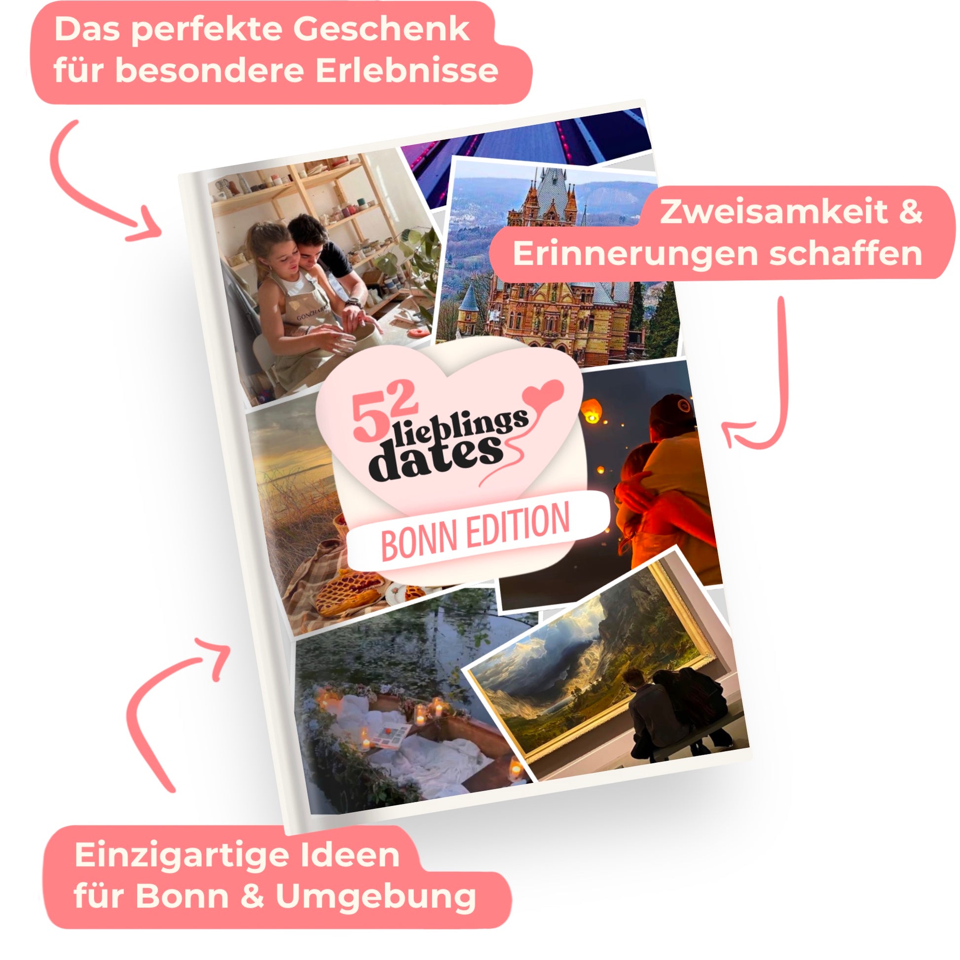 Das Buch 52 Date Ideen für Bonn. Ein kreatives Geschenk für Paare mit drei klaren Vorteilen: regionale Tipps, keine Planung nötig und für jedes Budget.