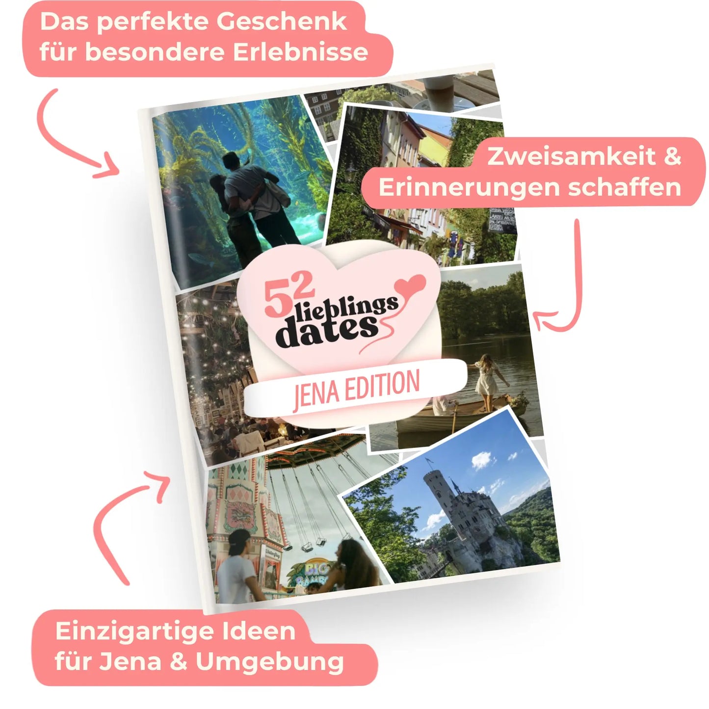 Das Buch 52 Date Ideen für Jena. Ein kreatives Geschenk für Paare mit drei klaren Vorteilen: regionale Tipps, keine Planung nötig und für jedes Budget.