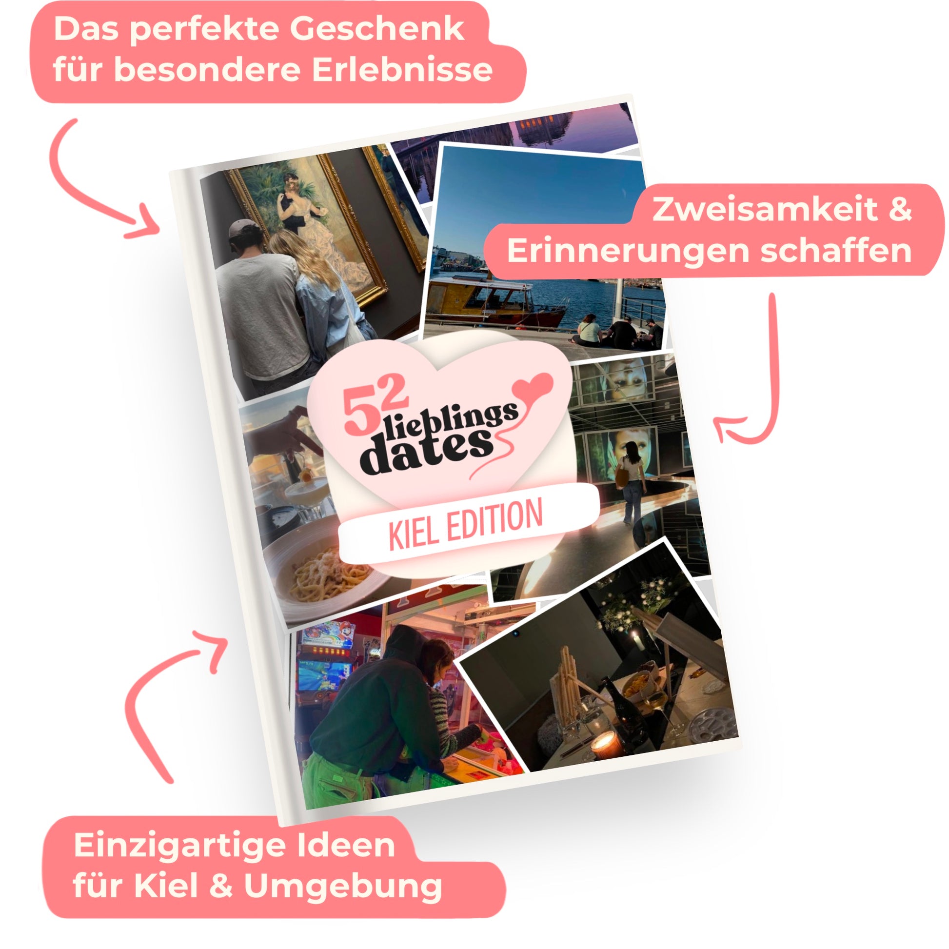 Das Buch 52 Date Ideen für Kiel. Ein kreatives Geschenk für Paare mit drei klaren Vorteilen: regionale Tipps, keine Planung nötig und für jedes Budget.
