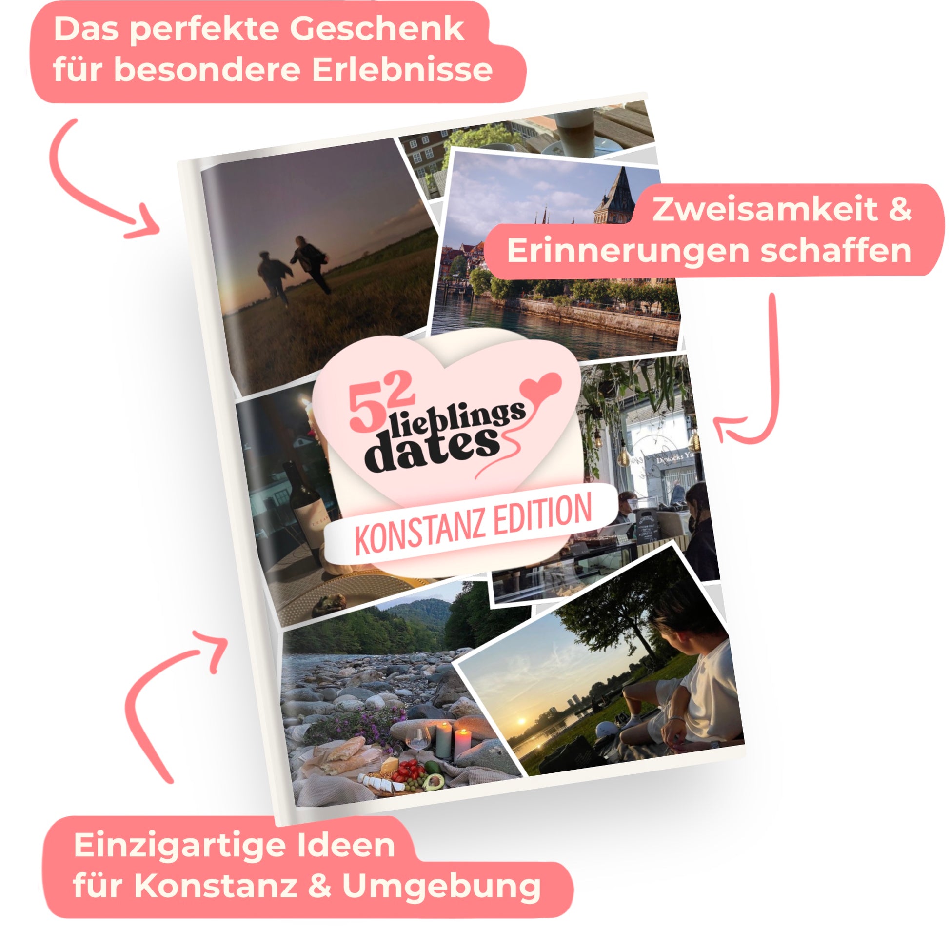 Das Buch 52 Date Ideen für Kostanz. Ein kreatives Geschenk für Paare mit drei klaren Vorteilen: regionale Tipps, keine Planung nötig und für jedes Budget.