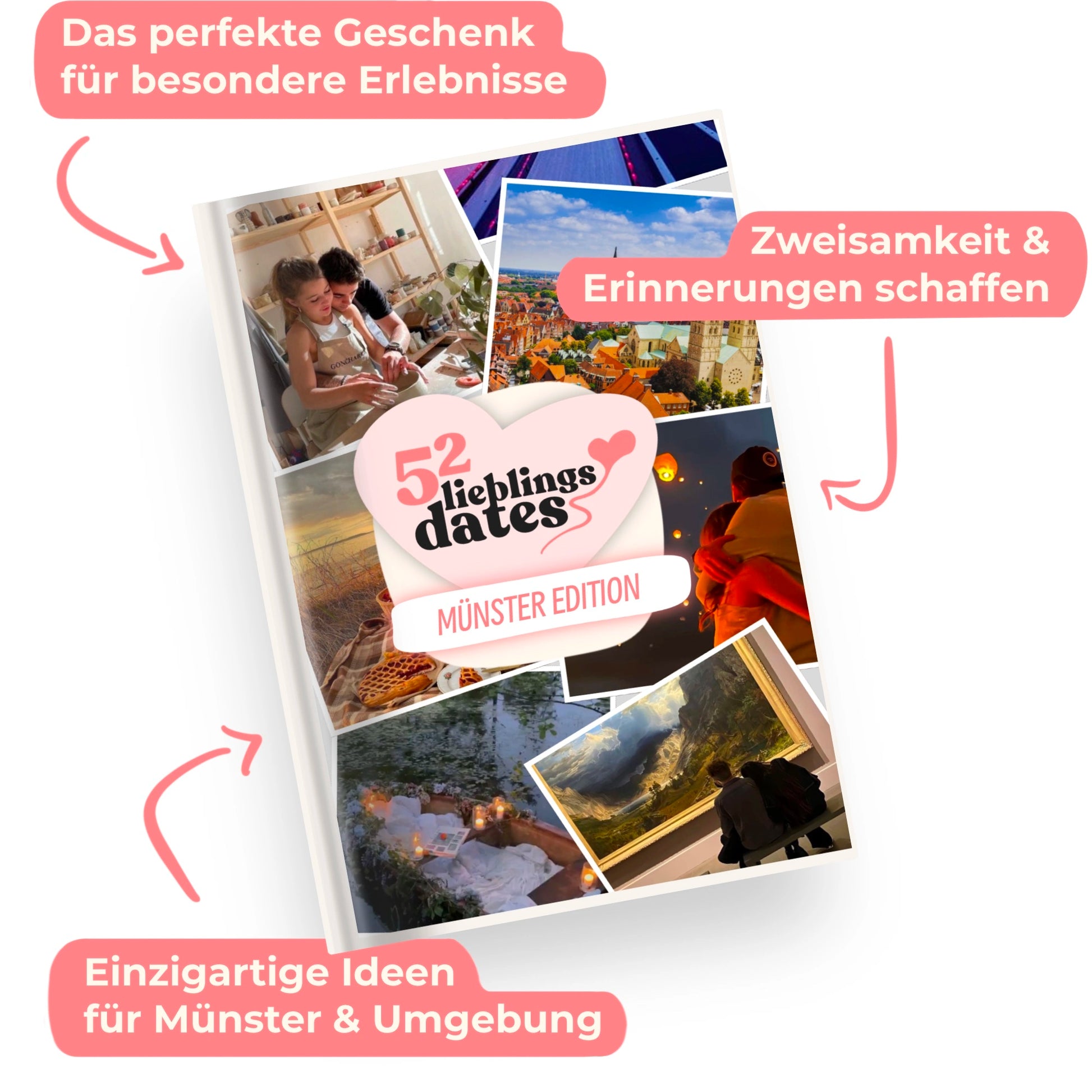 Das Buch 52 Date Ideen für Münster. Ein kreatives Geschenk für Paare mit drei klaren Vorteilen: regionale Tipps, keine Planung nötig und für jedes Budget.