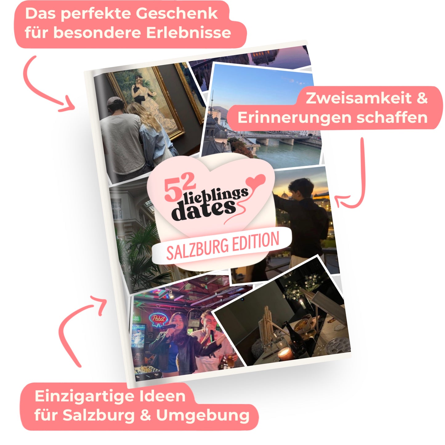 Das Buch 52 Date Ideen für Salzburg. Ein kreatives Geschenk für Paare mit drei klaren Vorteilen: regionale Tipps, keine Planung nötig und für jedes Budget.