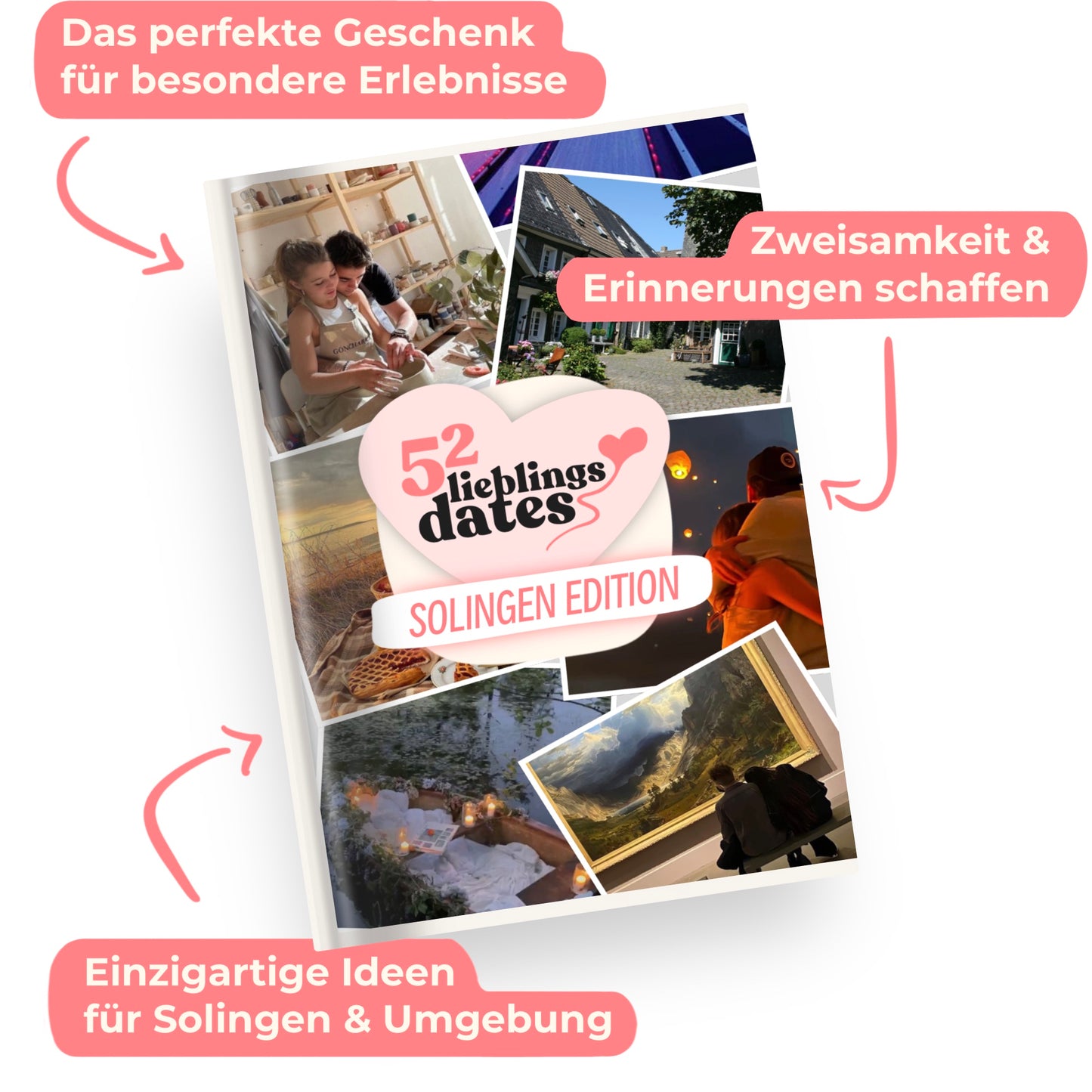 Das Buch 52 Date Ideen für Solingen. Ein kreatives Geschenk für Paare mit drei klaren Vorteilen: regionale Tipps, keine Planung nötig und für jedes Budget.